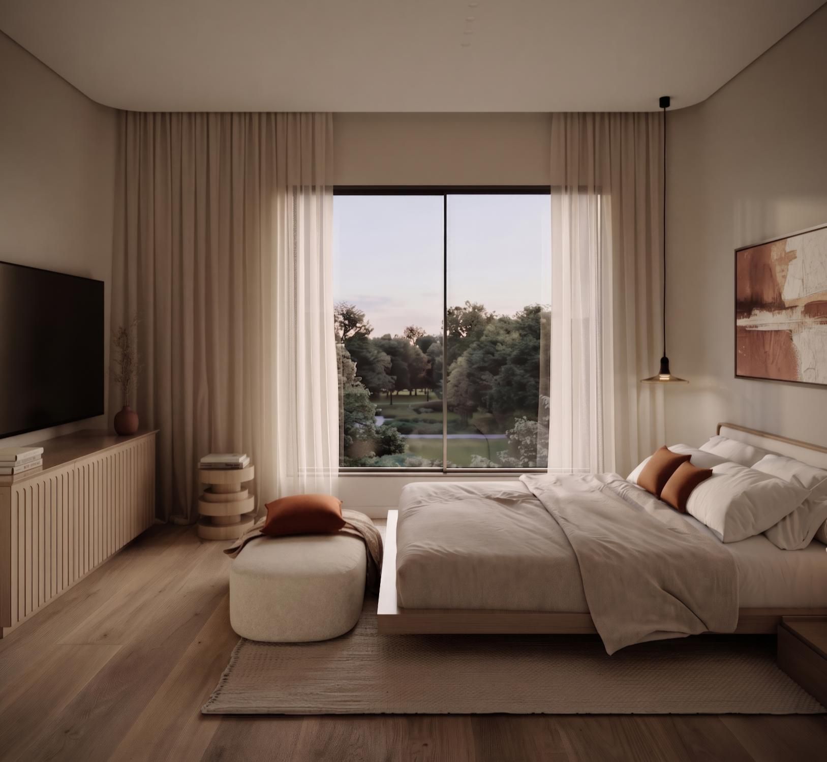 Calm master bedroom with garden view