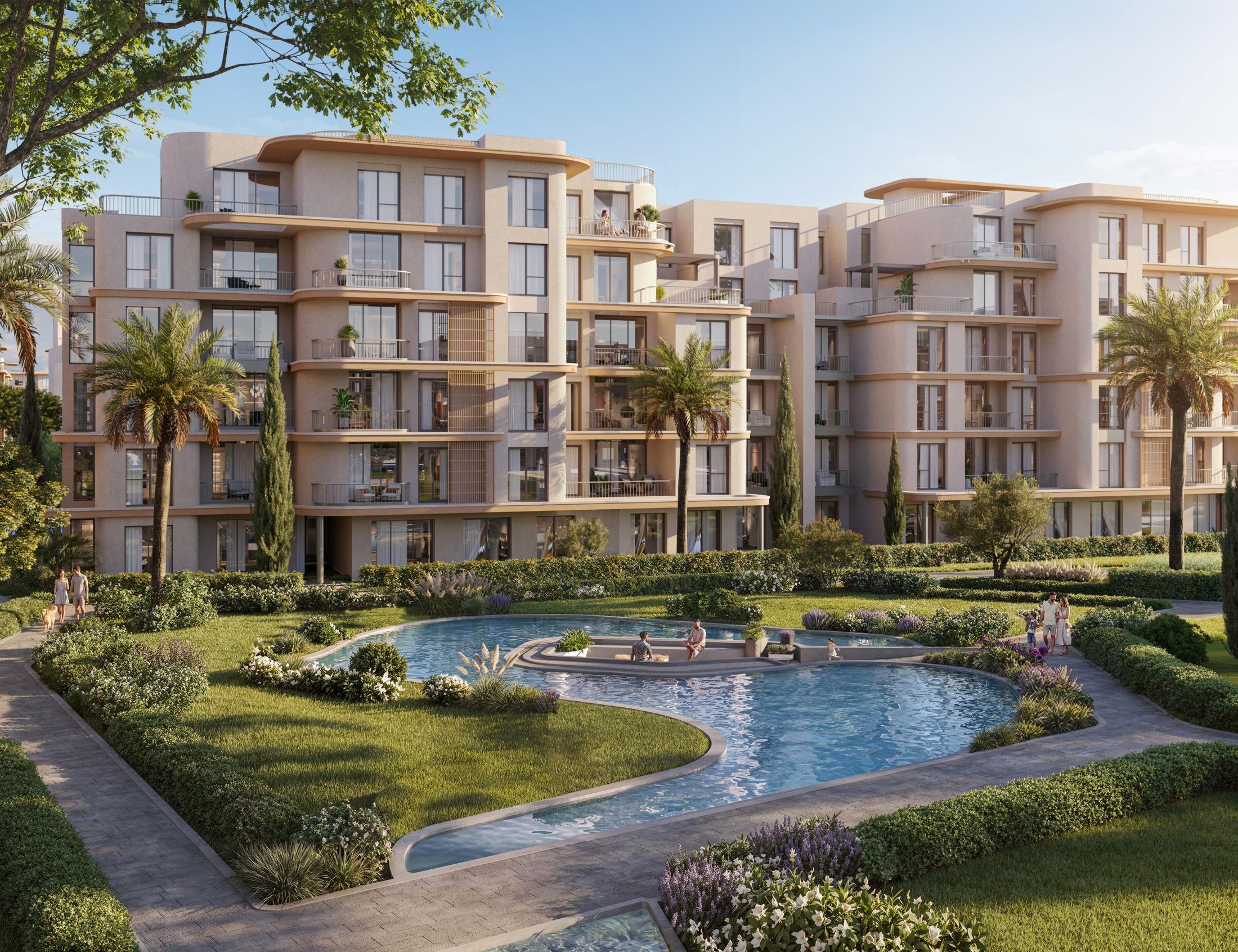 Lakeside residential building with private gardens