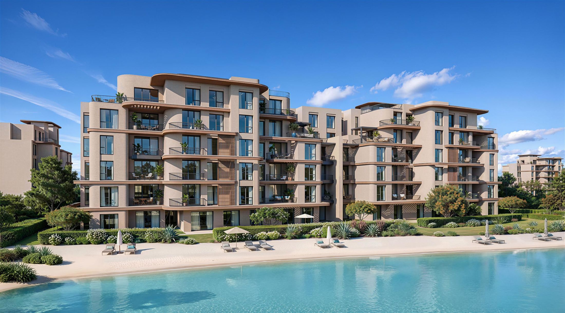 Residential building facing the sandy lagoon beach