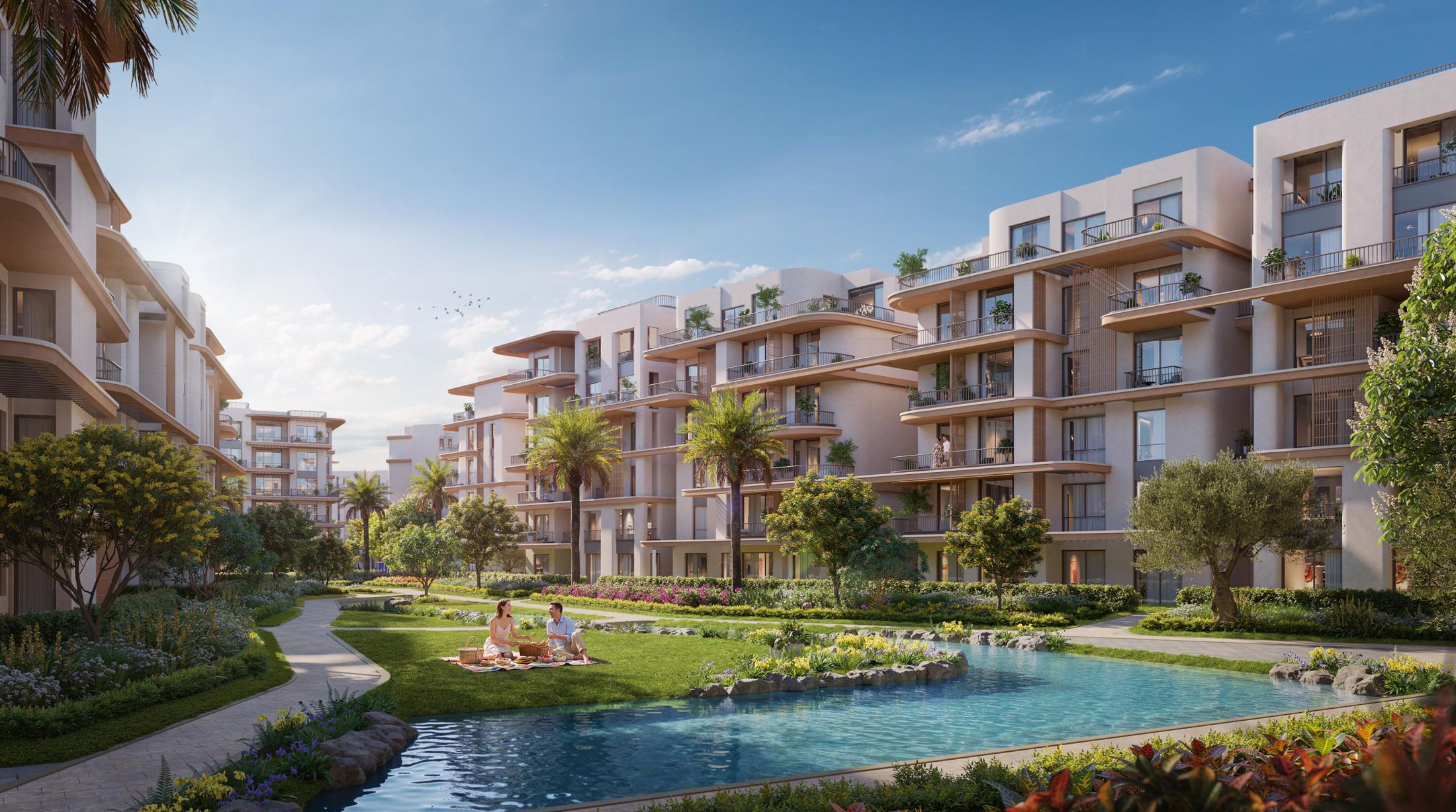 Lakeside walk between residential buildings