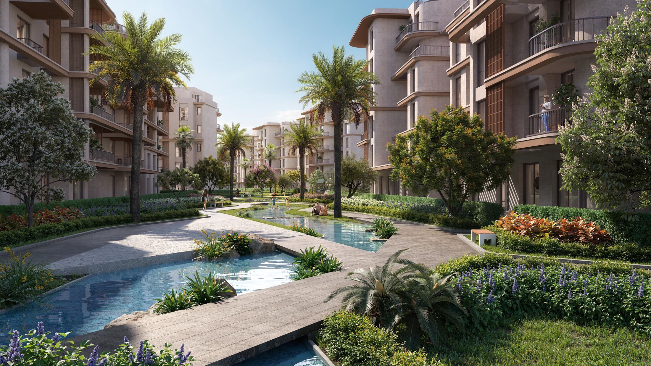 Landscaped water path with palms
